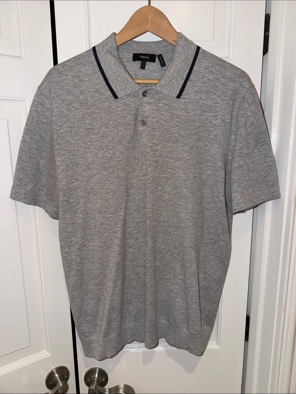 Theory Men's Heather Gray Polo with Navy Collar Stripe